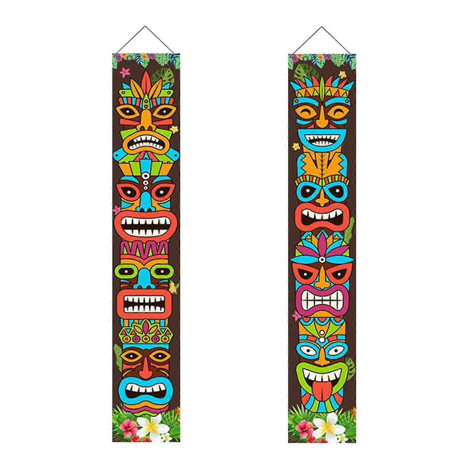 Tiki Totem Shafts With Tropical Palm Leaves, Hanging Wall Decor For Garden And Window Display, Bright Festive Style