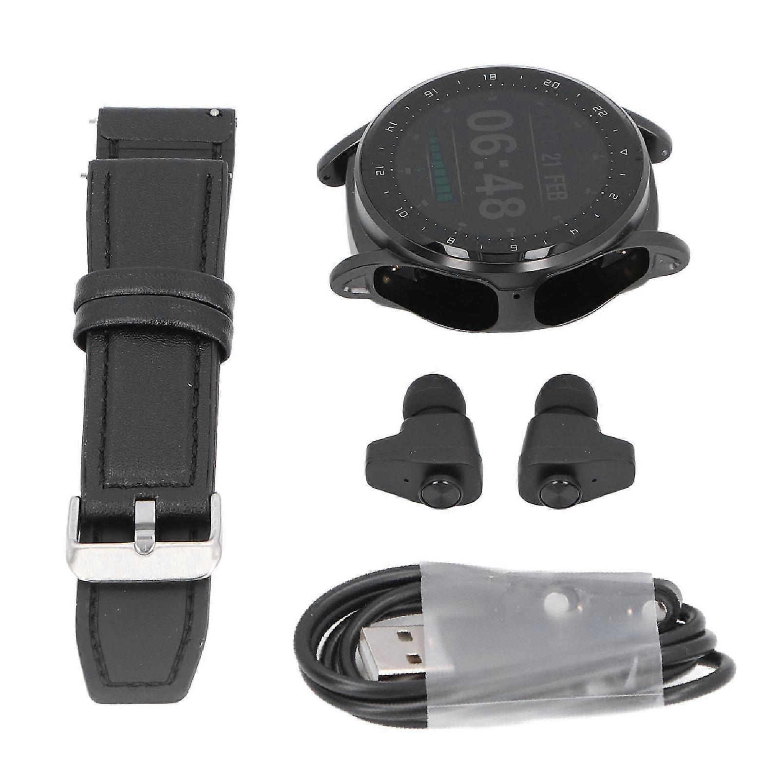 Smartwatch with wireless Bluetooth headphones, 1.39 inch screen, multiple sports modes, camera remote control, NFC, black leather strap.