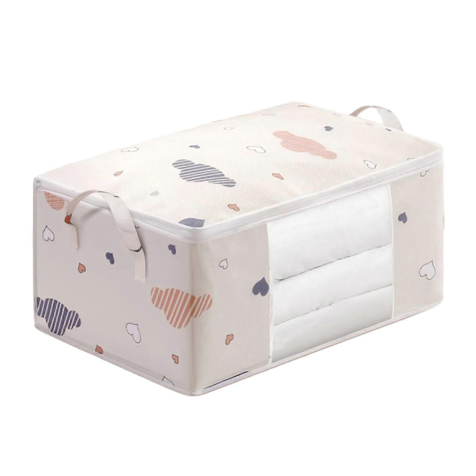 Multipurpose Foldable Organizer Bag For Home Textiles Clothing Zippered Blankets Pillows Holder with Reinforced Handle M Bee white