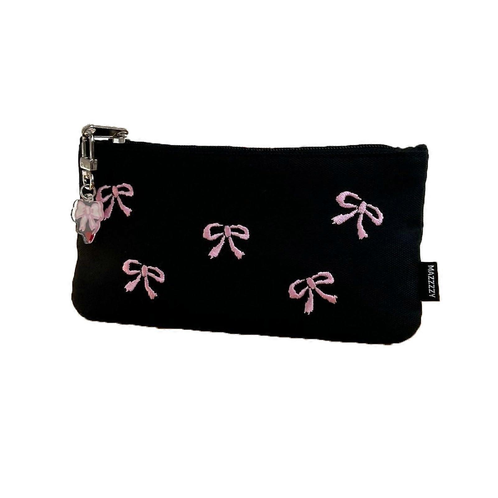 Generic Black Bow Pencil Case with Zip and Compartments, Large Stationery Storage Box, Black
