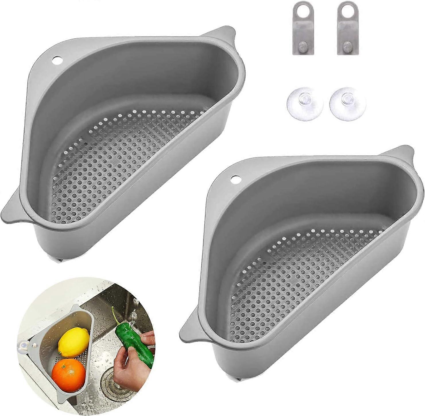 2pcs Triangle Sink Holder, Sink Drain Baskets with Suction Cup (Gray)
