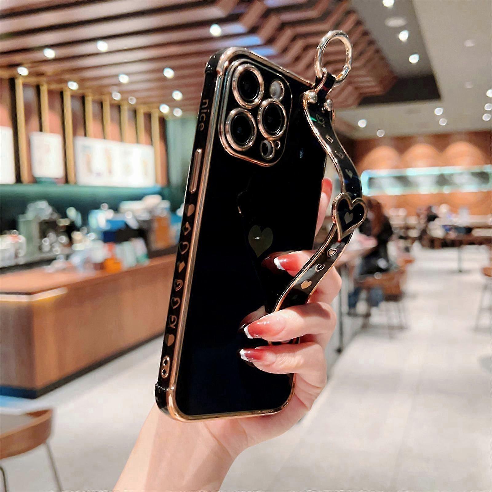 Coque en silicone pour iPhone 15 Pro Max/15 Ultra avec bracelet Placage mignon en forme de cœur d’amour 15 Pro Max Coque antichoc