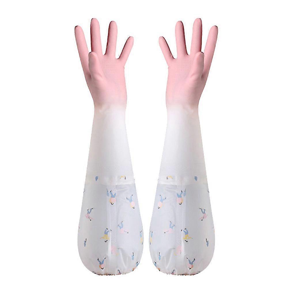 1 Pair of Cleaning Gloves Extra Long Plush Kitchen Women's Dishwashing Gloves Daily Use - Pink, Size: L
