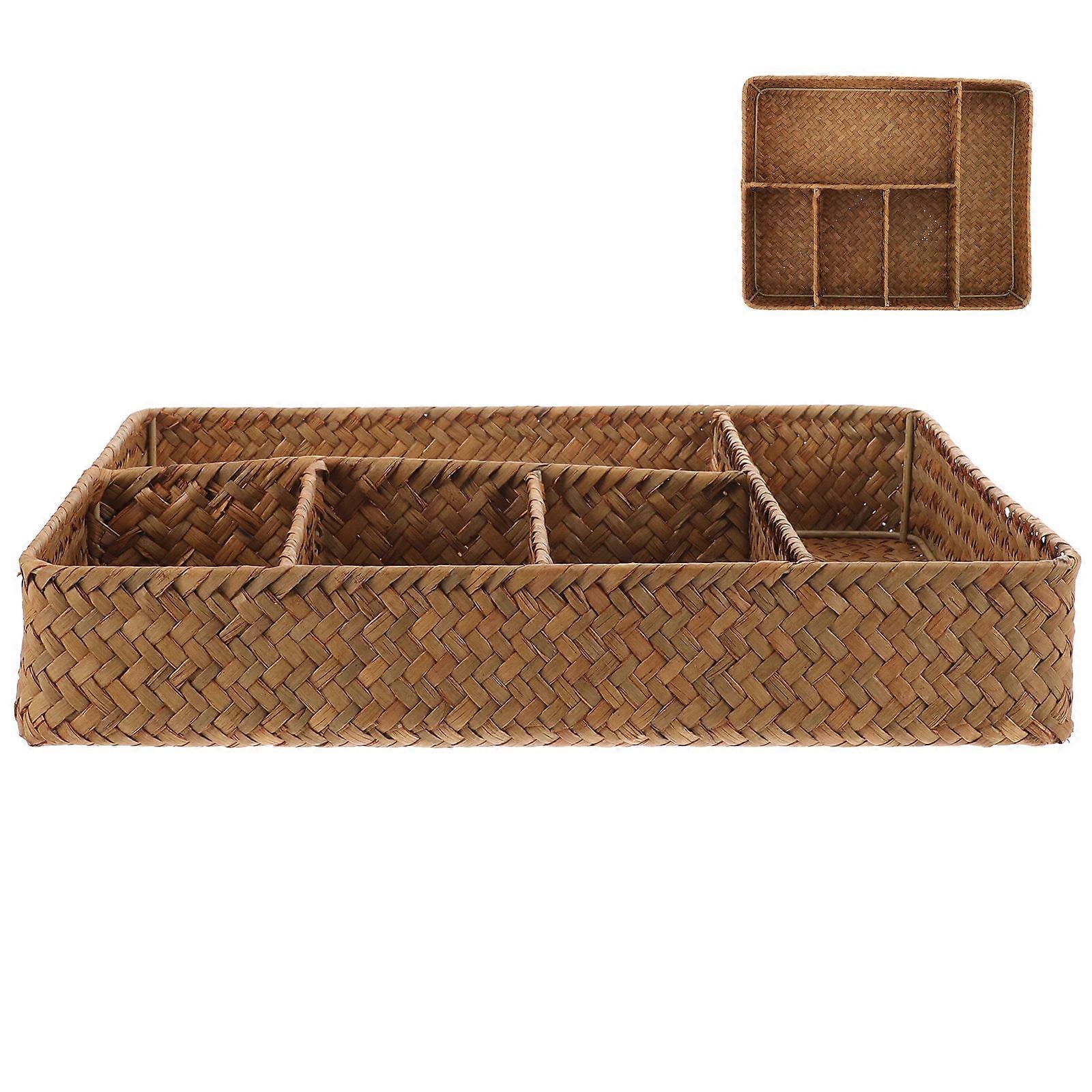 Divider Basket Counter Organizer Kitchen Accessories Rectangular Shape Straw Material Organization 1Pack