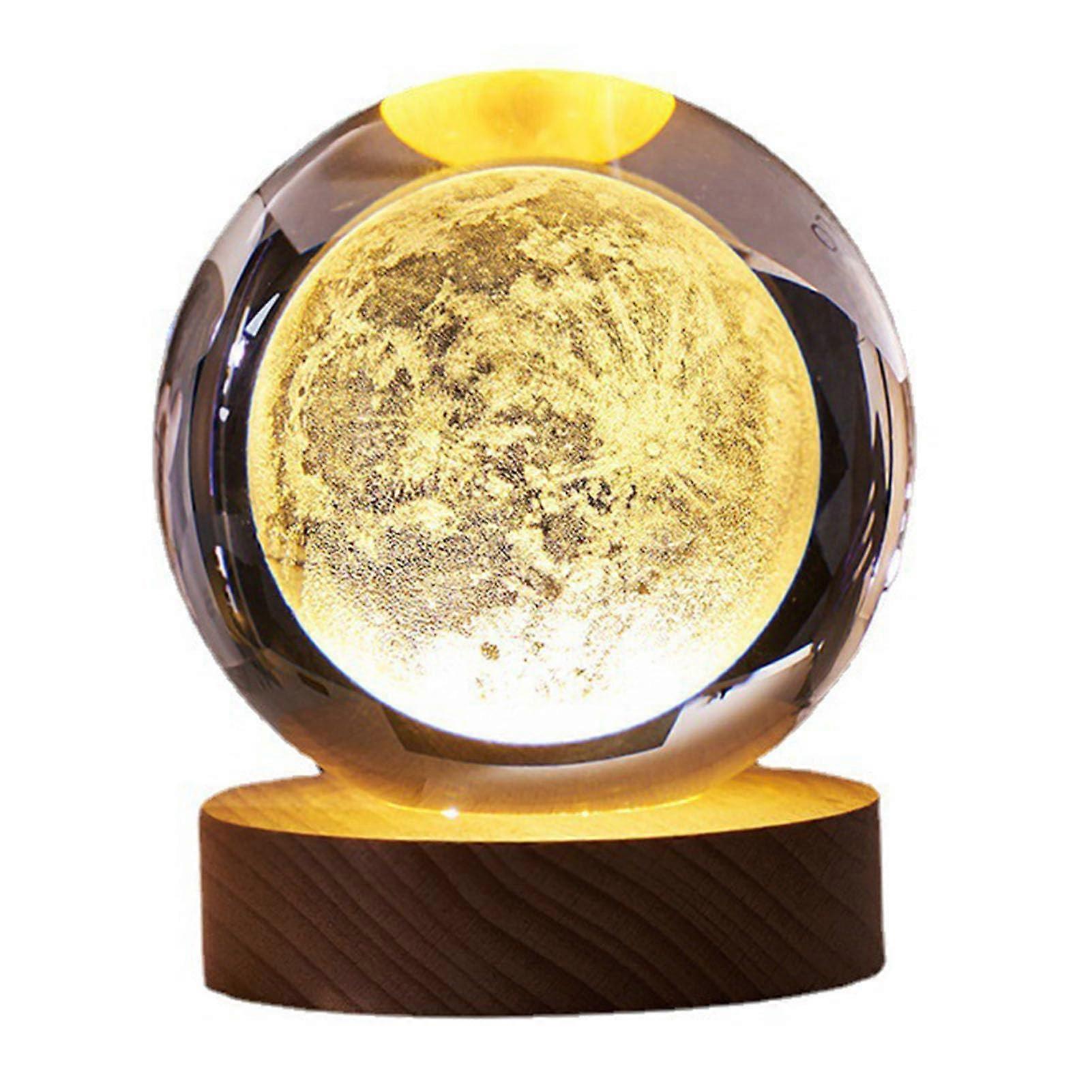 3D Moon Crystal Ball Night Light Lamp, Holographic Glass Sphere with Wooden Base for Home Decor and Galaxy-Themed Lighting