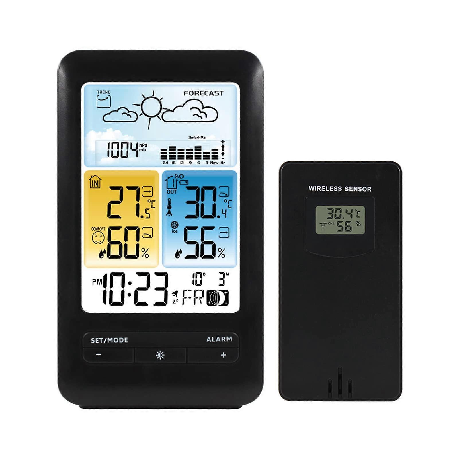 LCD Weather Station Alarm Clock with Snooze, Indoor Outdoor Temperature Humidity Monitor