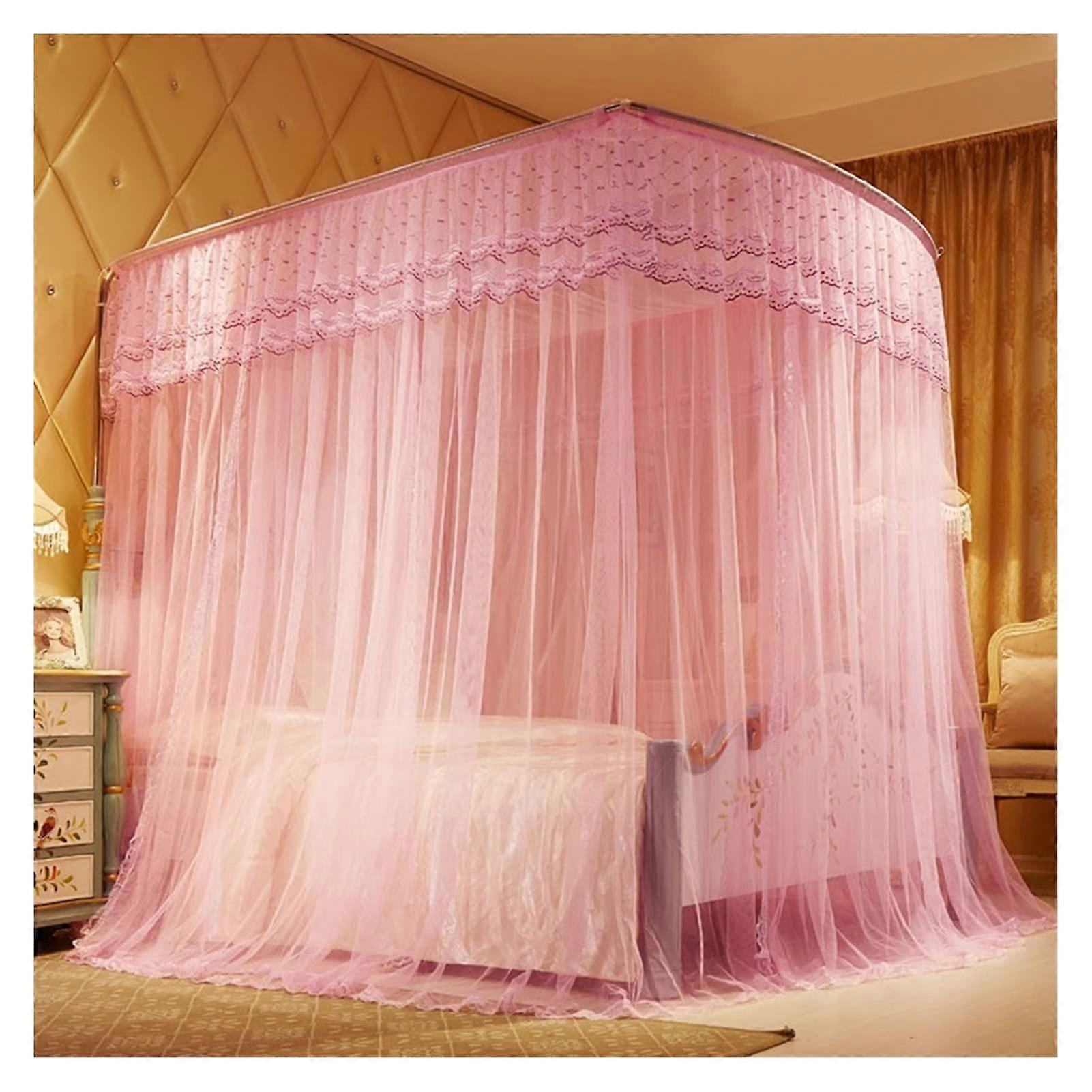 Angelrute Telescopic Mosquito Net U-shaped, Three-Door Bed Canopy Mosquito Net, Pink, Size 1.2 x 2.0 Meters