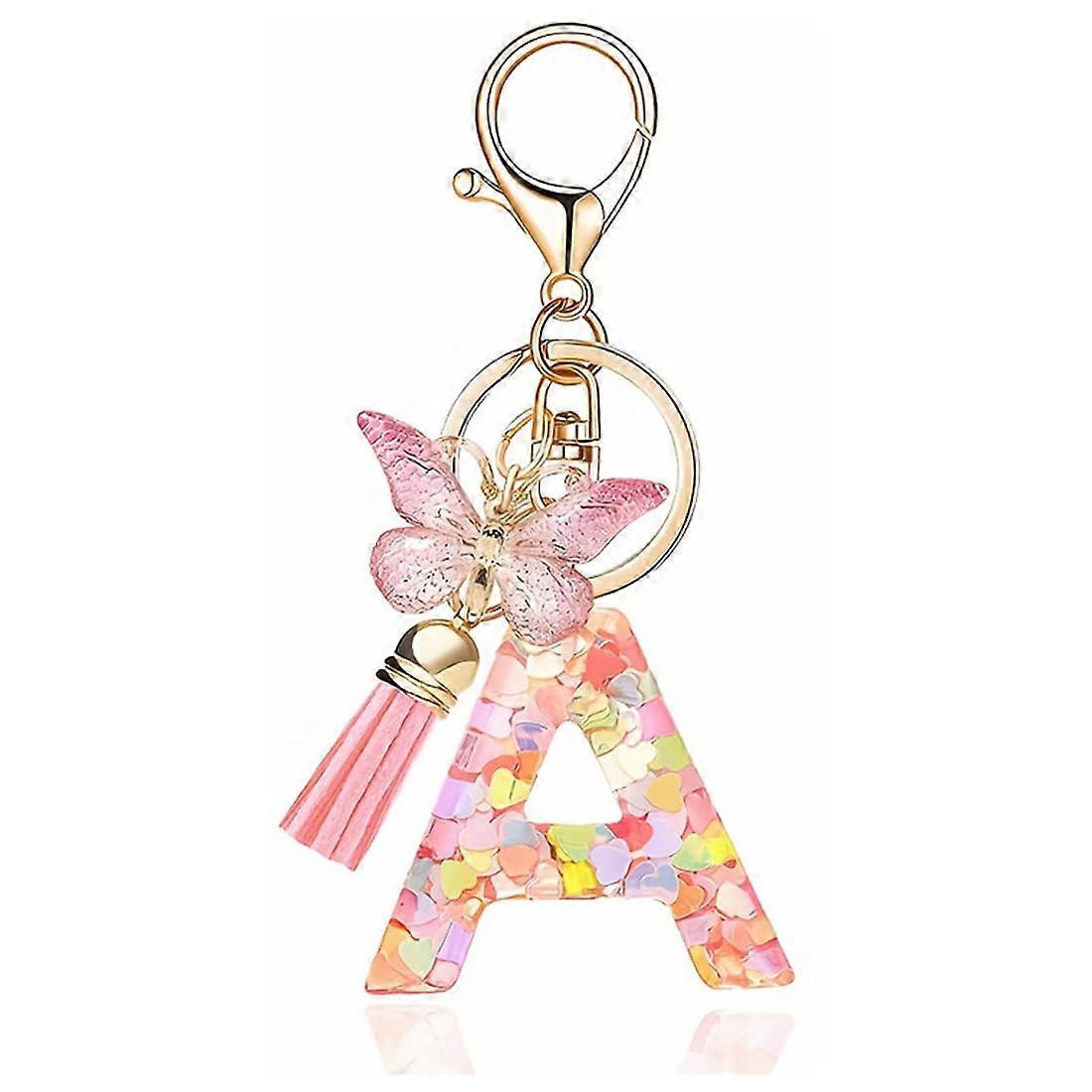 Keyring Girl Key Ring with Initial Letters Pink Keyring Butterfly Key Ring Letter, Key Ring Pink Key Ring Letter