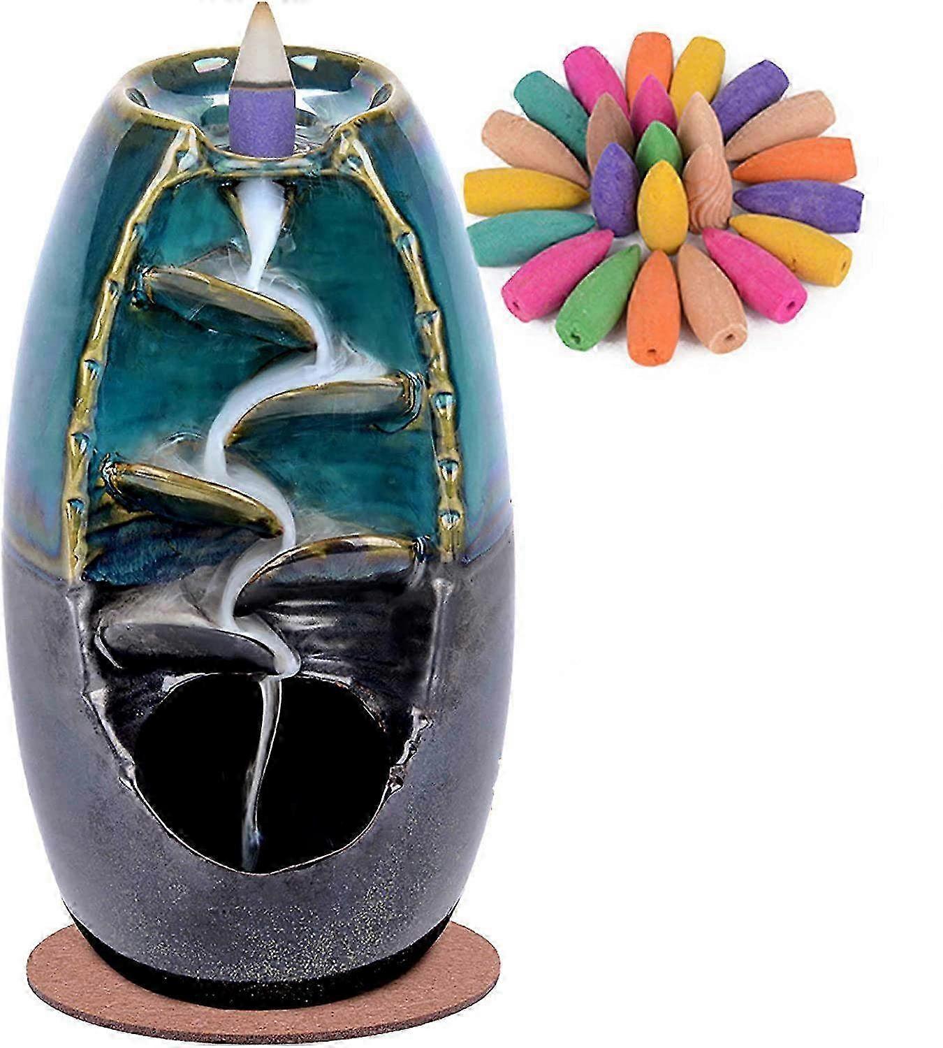 Ceramic Backflow Incense Holder & Burner Waterfall Set with 70 Backflow Incense Cones - Aromatherapy Home Decor in Blue