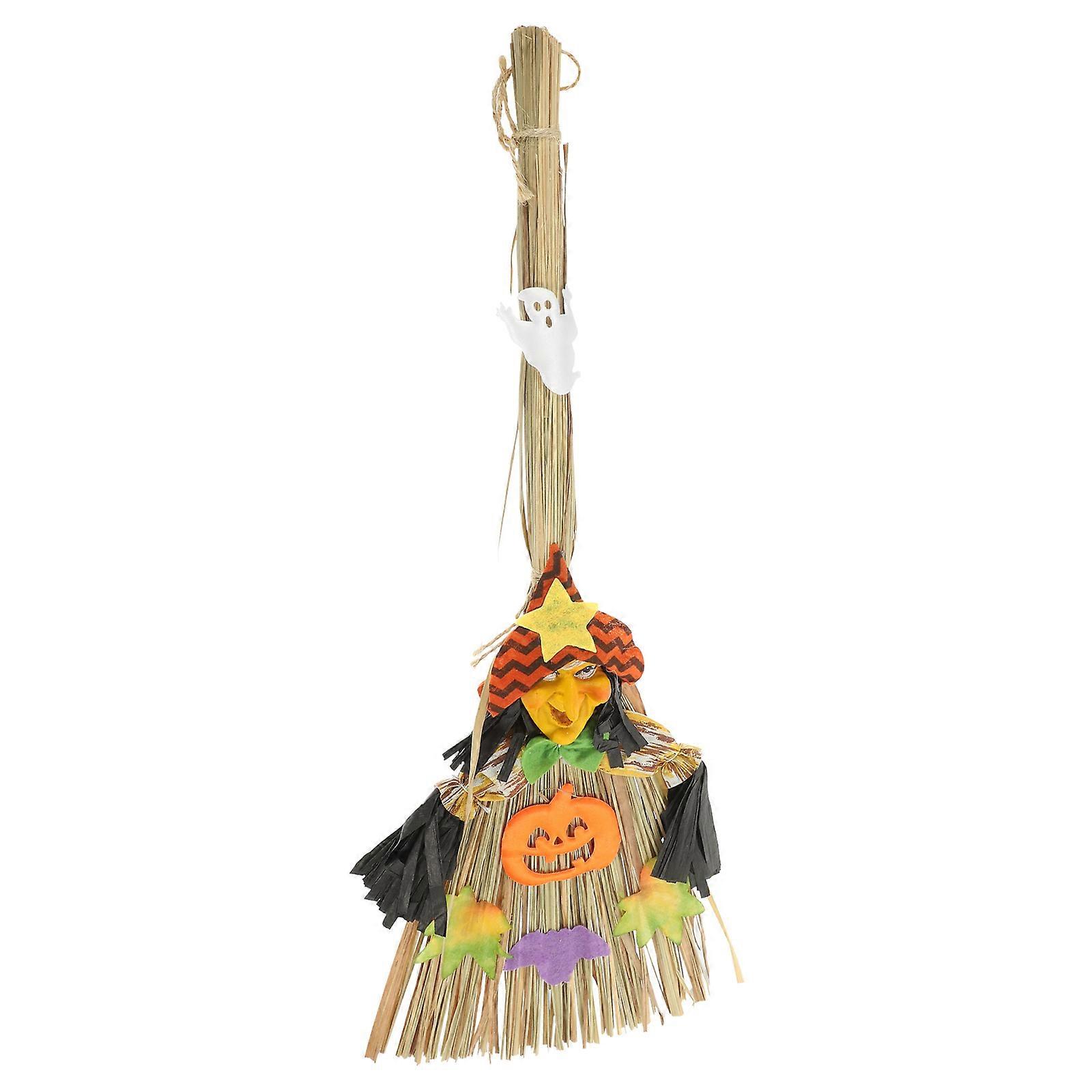 It seems like you're describing a product listing or description for a **Halloween themed witch broom decoration**, possibly for use in various