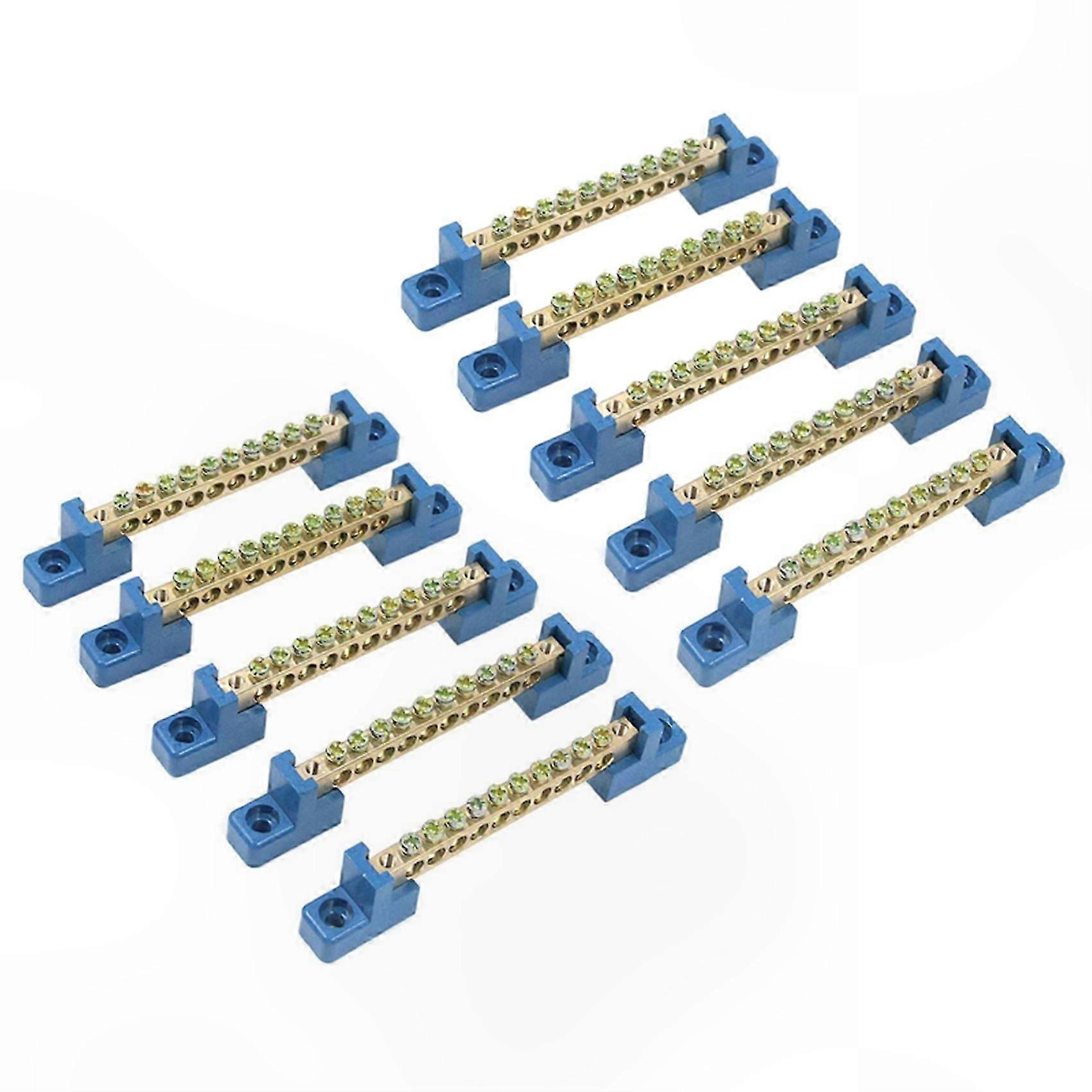 Blue Terminal Block Bus Bar Strip with 10 Positions Grounding Screw Brass Connection