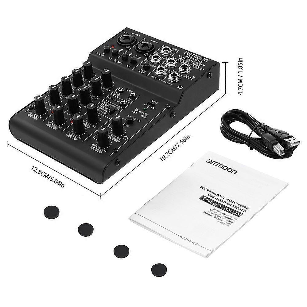 ammoon 4-Channel Mini Mixing Console Digital Audio Mixer 2-band EQ Built-in 48V Phantom Power 5V USB Powered for Home Studio Recording DJ Network Live