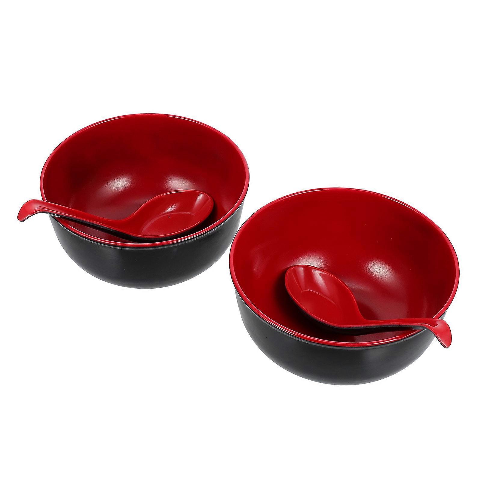 1 Set of Ramen and Rice Bowls with Spoons in Black and Red