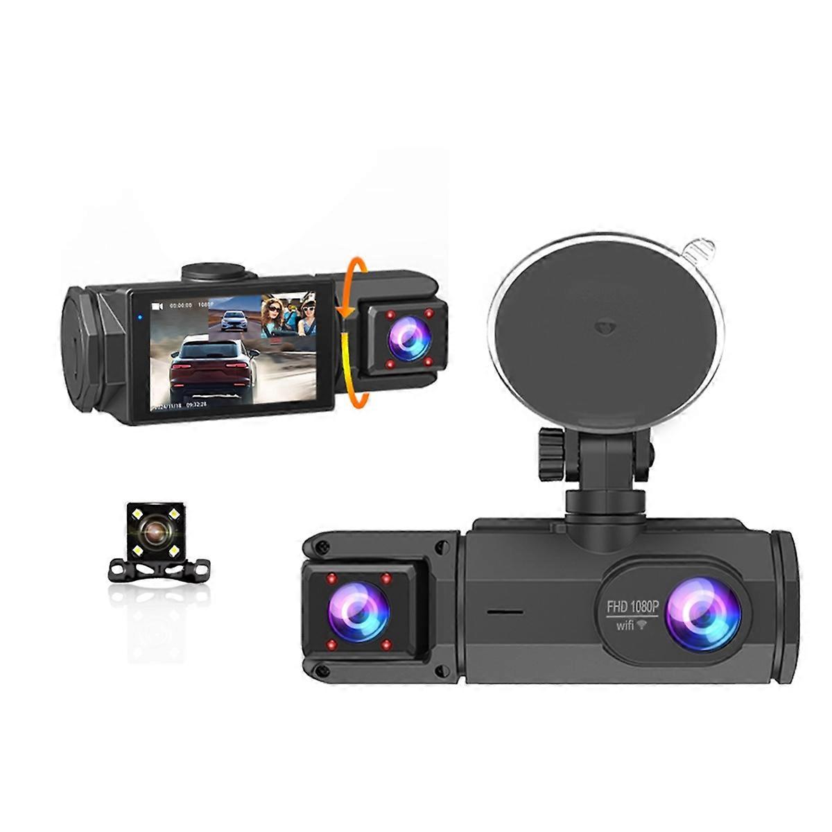 Car DVR Camera Wifi 3-Lens Inside Vehicle Dash Cam Three Way Camera