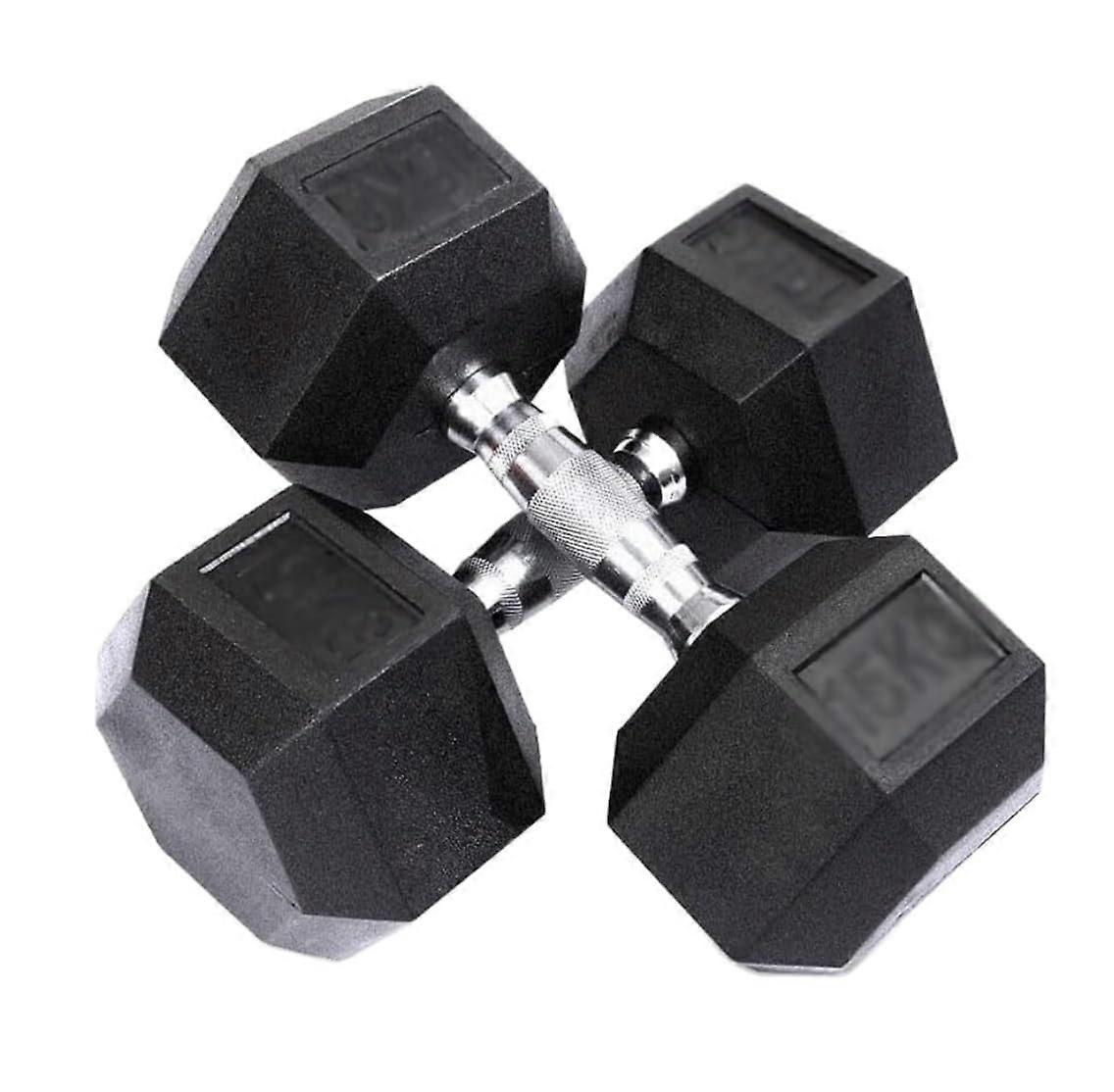 Dumbbell Hex Chrome Rubber Solid Iron Knurled Non Slip Handle 20kg Pair 10kg Each Black