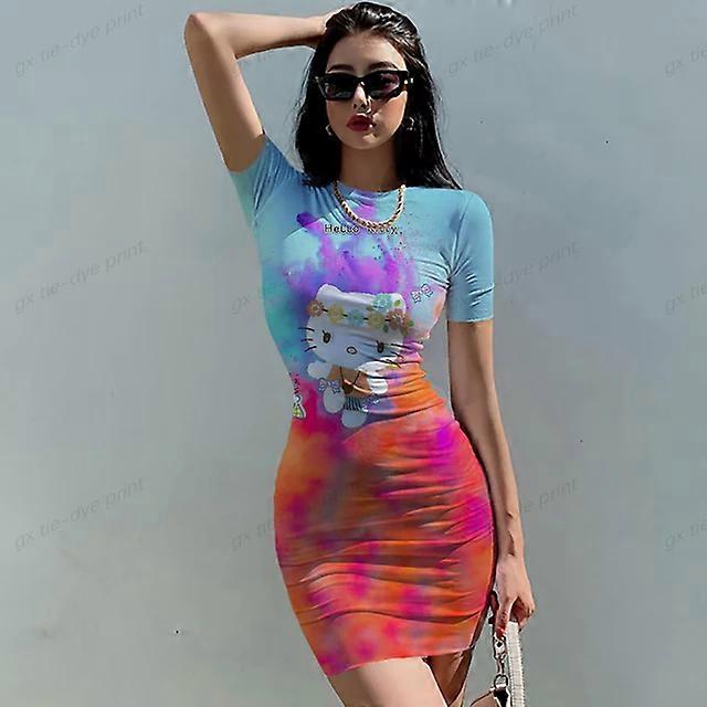 Mini robe sexy �� manches courtes pour femmes, robes imprim��es Hello Kitty, tambour, bo?te de nuit, f��te d'anniversaire, vente en gros, print