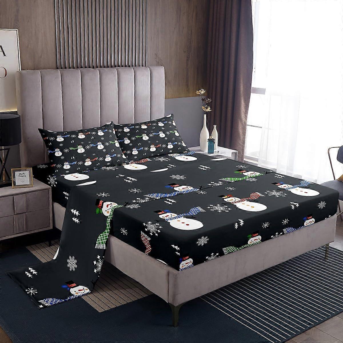 Christmas Bed Sheets Set Queen Size Snowman Bedding for Kids with Deep Pocket Fitted Sheet in Dark Grey Snowflake Design