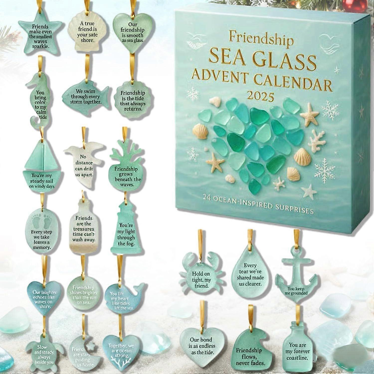 Friendship Sea Glass Advent Calendar 2025, 24 Days Christmas Countdown Calendar with Ocean-Inspired Surprises, Unique Christma Tree Ornaments Gift for