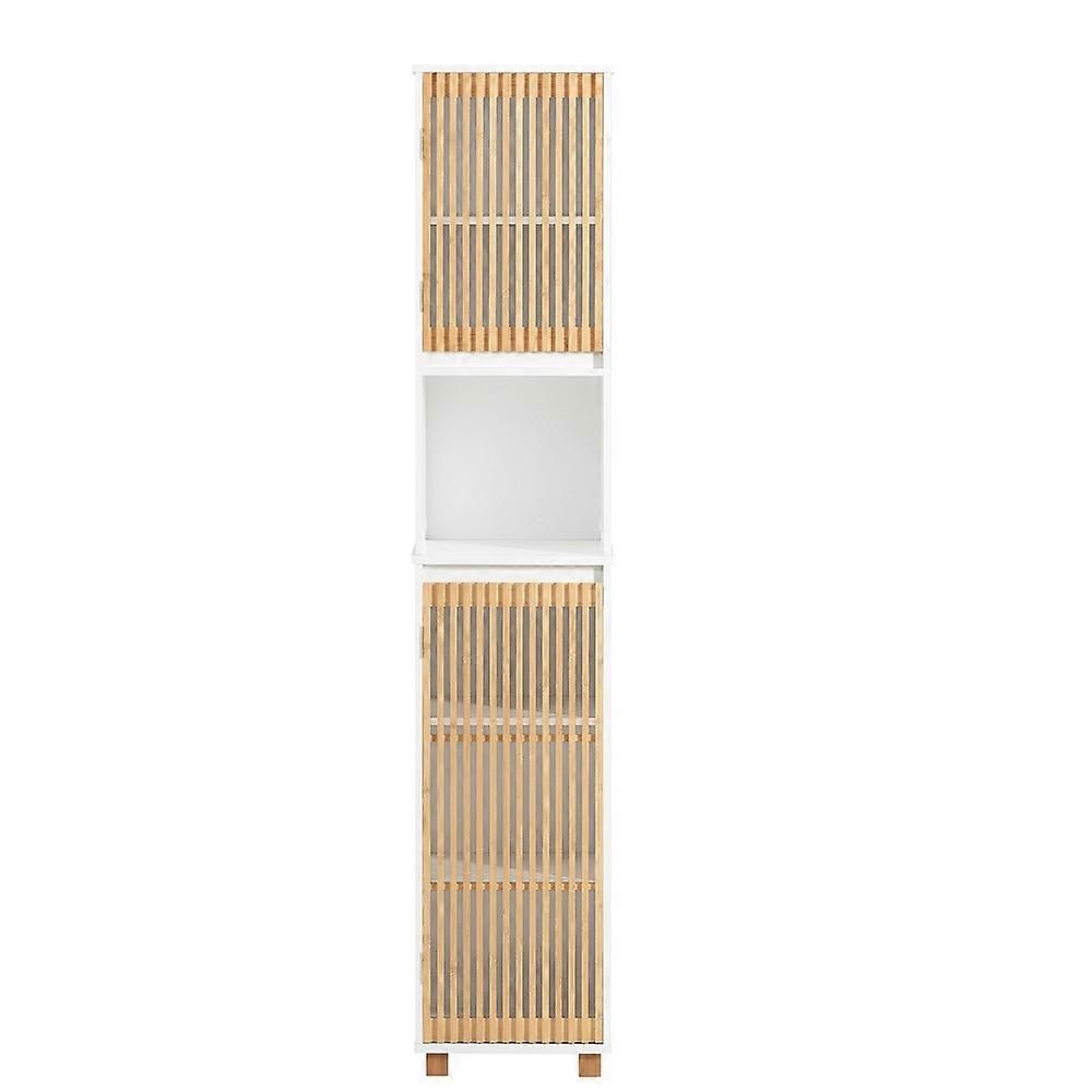 SoBuy BZR127-W, armoire haute de salle de bain 165cm de haut armoire avec étagère et 2 portes à lattes en bambou et pieds en bambou pour serviettes...