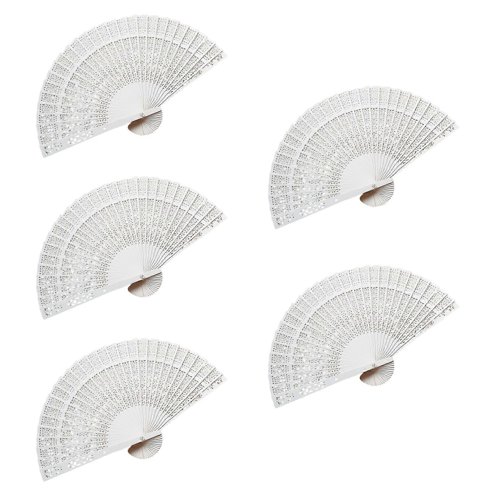 Set of 5 Reusable Wooden Wedding Favored Handheld Fans with Hollowed Pattern Summer Outdoor Cooling Solution  White