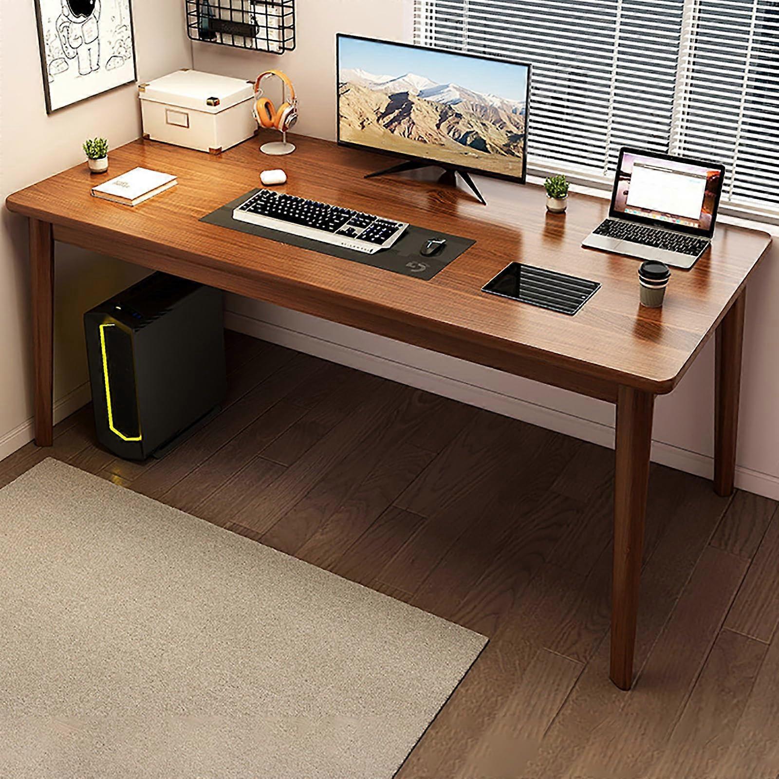 Compact Computer Desk with Solid Wood Legs, Small Study Writing Table for Home Office Bedroom, Brown 100cm