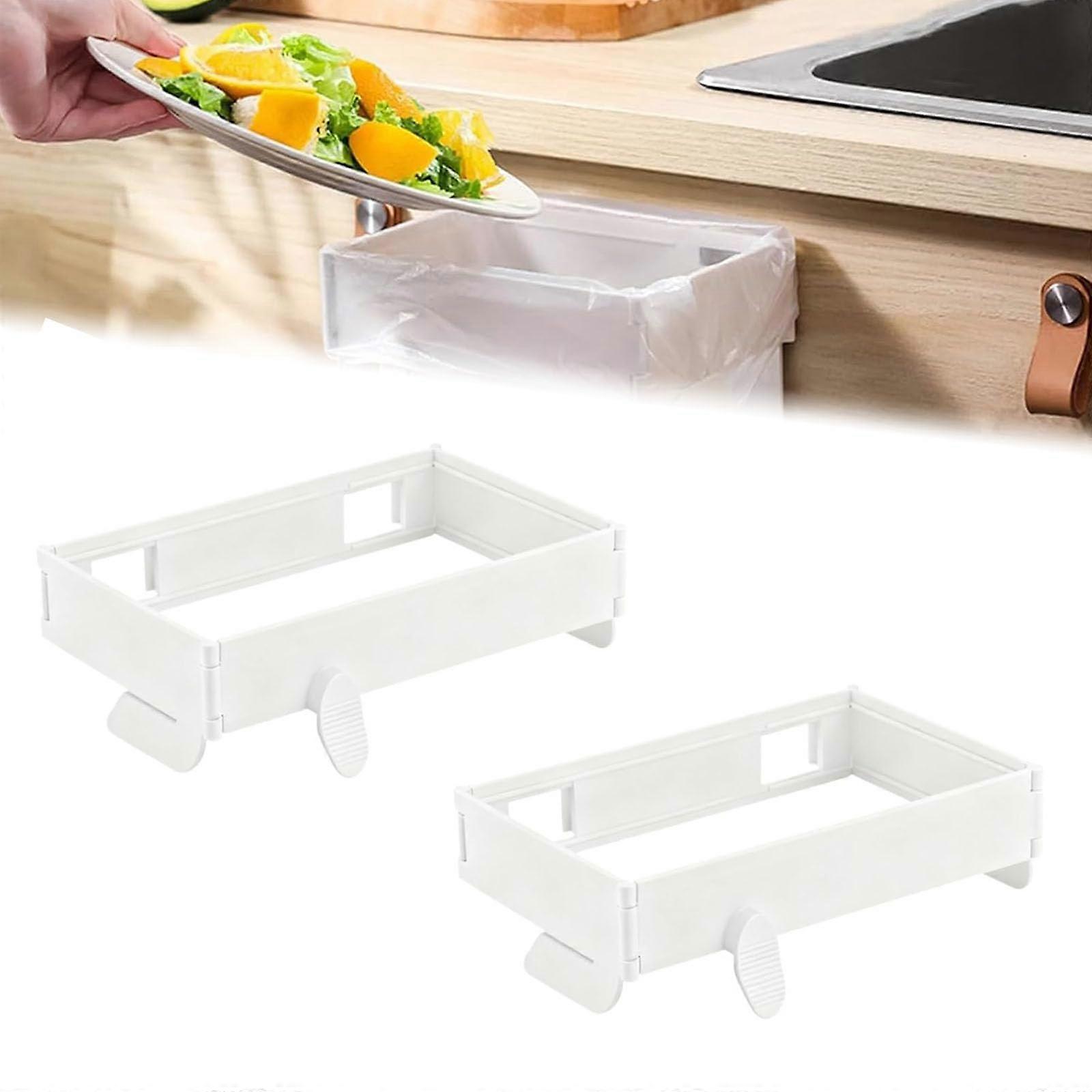 Foldable Trash Bag Holder Wall Mounted Hanging Garbage Rack for Kitchen Cabinet Doors Bathroom Table, White 2 Pack
