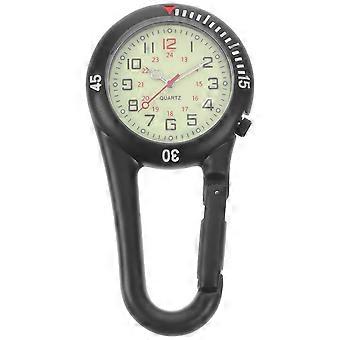 Relógio de quartzo com clipe e mosquetão para cintos ou mochilas, em liga metálica preta, multifuncional.