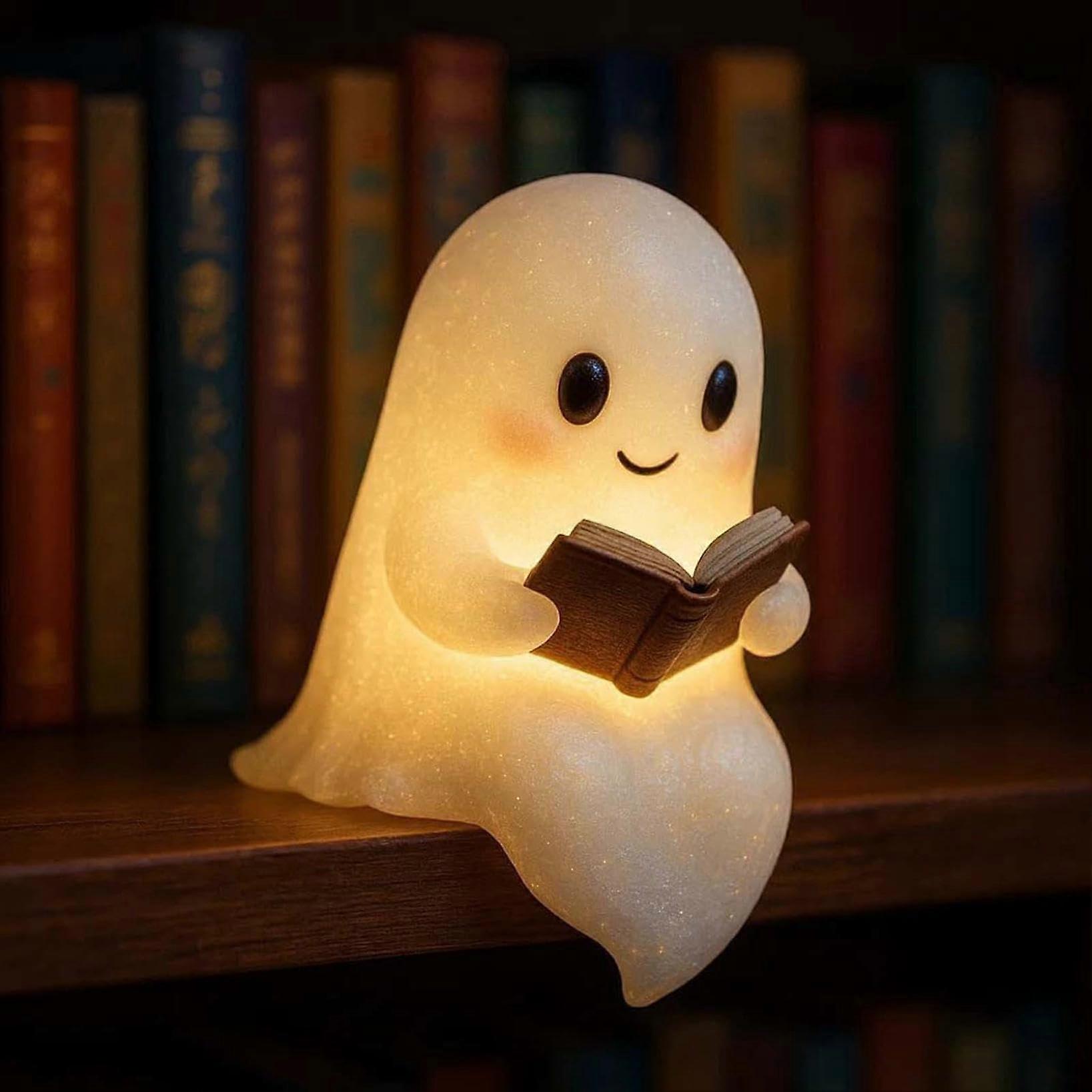 Halloween Ghost Reading Book Lamp with Warm Ambient Glow, Battery Operated Cute Night Light