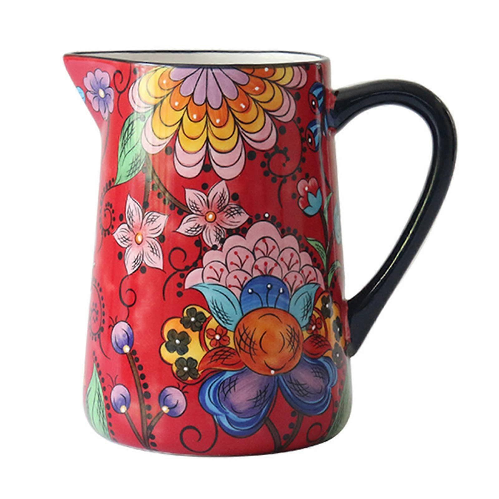 Handpainted Ceramic Teapot with Olecranon Spout and Antiskid Coffee Mug for Home and Cafe