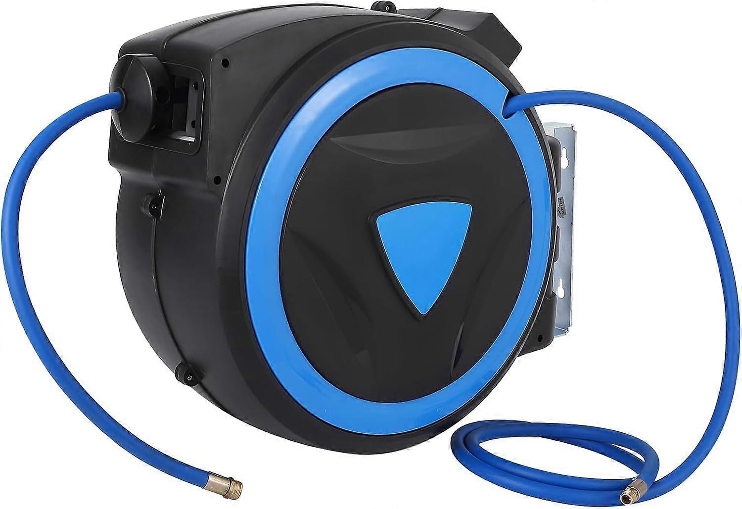 Retractable Garden Hose Reel 80ft x 3/8in with 9Pattern Nozzle, Any Length Lock, Auto Slow Rewind, 180° Swivel Mount