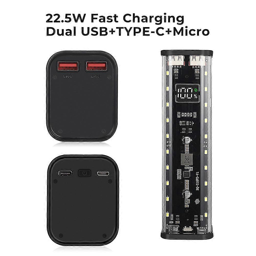 8x18650 Power Bank Case PD 22.5W 45wFast Charging LED Screen Transparent Battery Storage Box USB+Type-C Port For Smart Phone