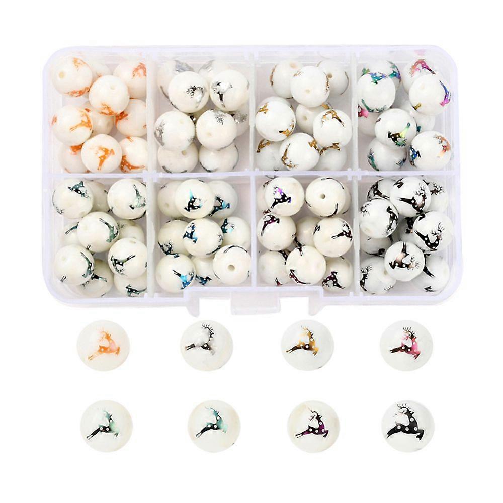 80pcs 8 colors Christmas Opaque Glass Beads Round with Electroplate Deer Pattern Mixed color 10mm Hole: 1.2mm