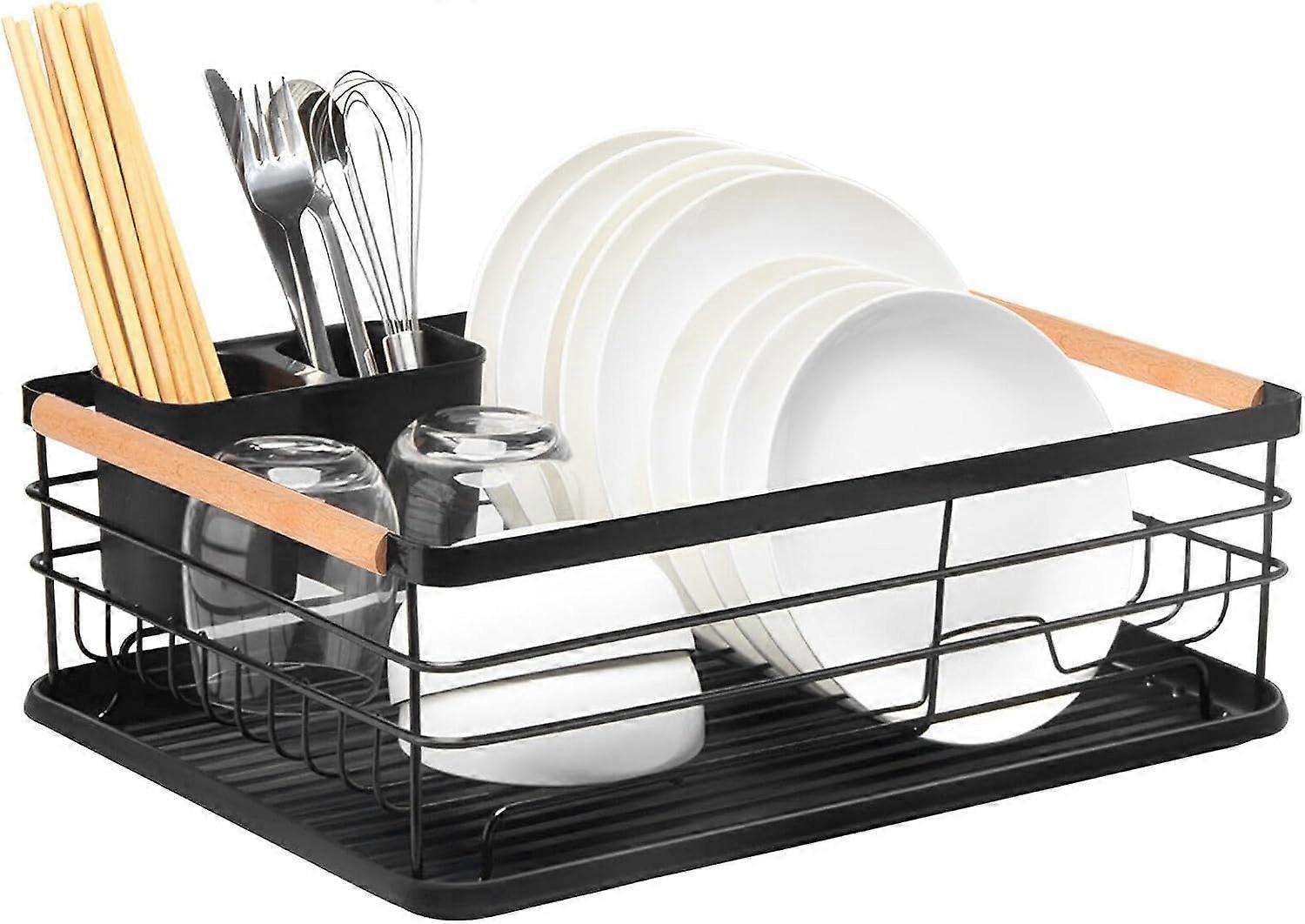Dish Drying Rack with Removable Drip Tray, RustProof Frame, Wooden Handles, Large Capacity Black