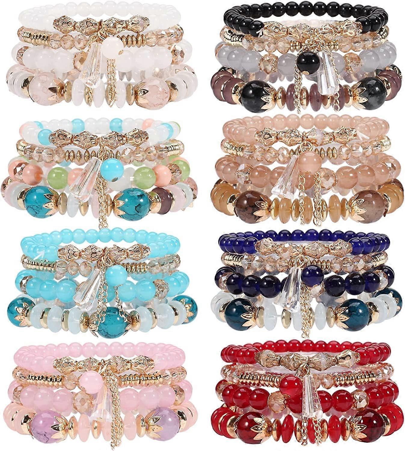 8 Packs Beaded Bracelet Multilayer Chain Tassel Stackable Charm Stretch Statement Bracelet Set