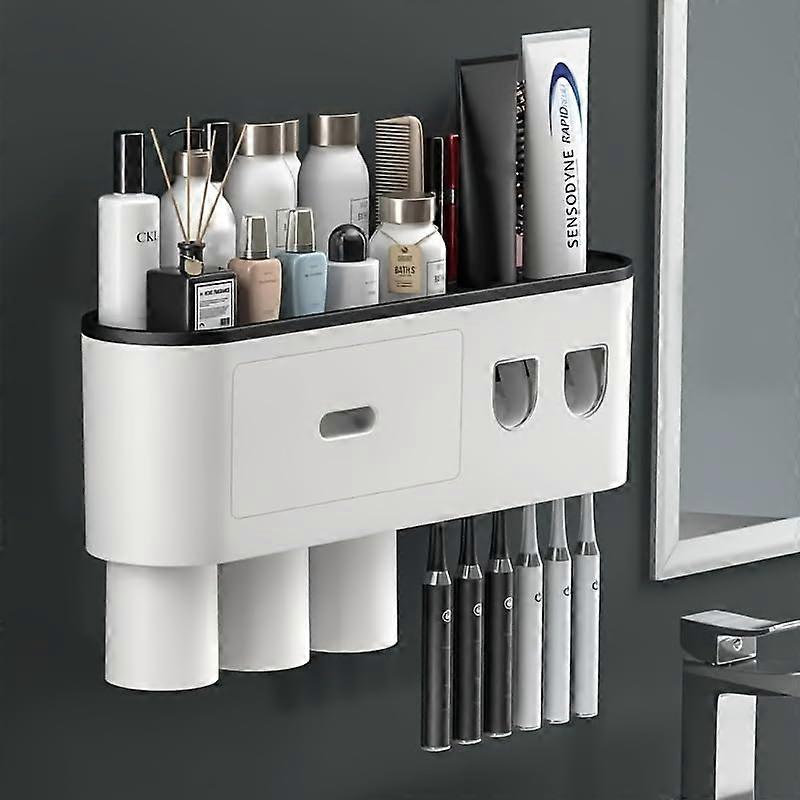 Wall Mounted Toothbrush Holder with 3 Cups and Double Automatic Toothpaste Dispenser Kit
