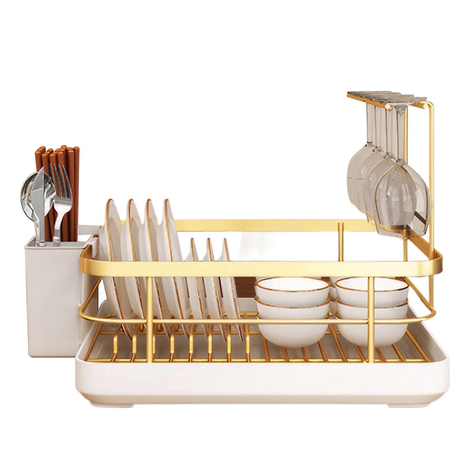 Dish Drying Rack with Utensil Holder, Space Saving Goldtone Dish Rack for Small Kitchen Counter