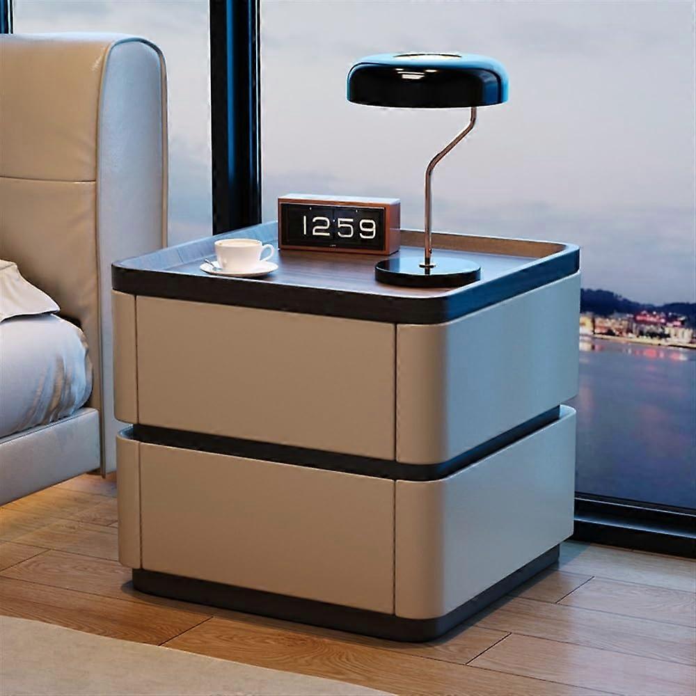 Modern Solid Wood Bedside Table with 2 Drawers Leather Nightstand Khaki 15.7x15.7x19.7in