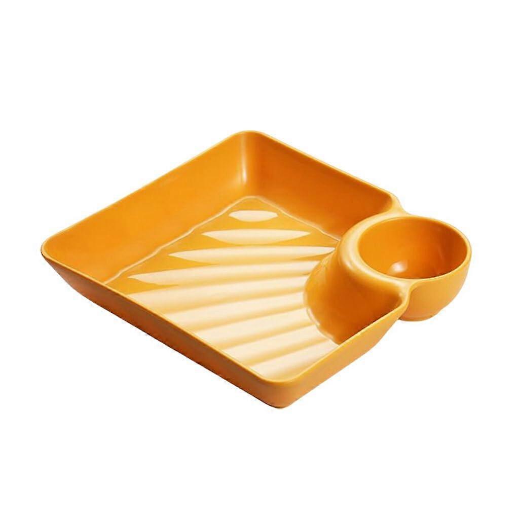 Yellow Plastic Divided Dinner Plate with Builtin Sauce Dish for Dumplings and Snacks