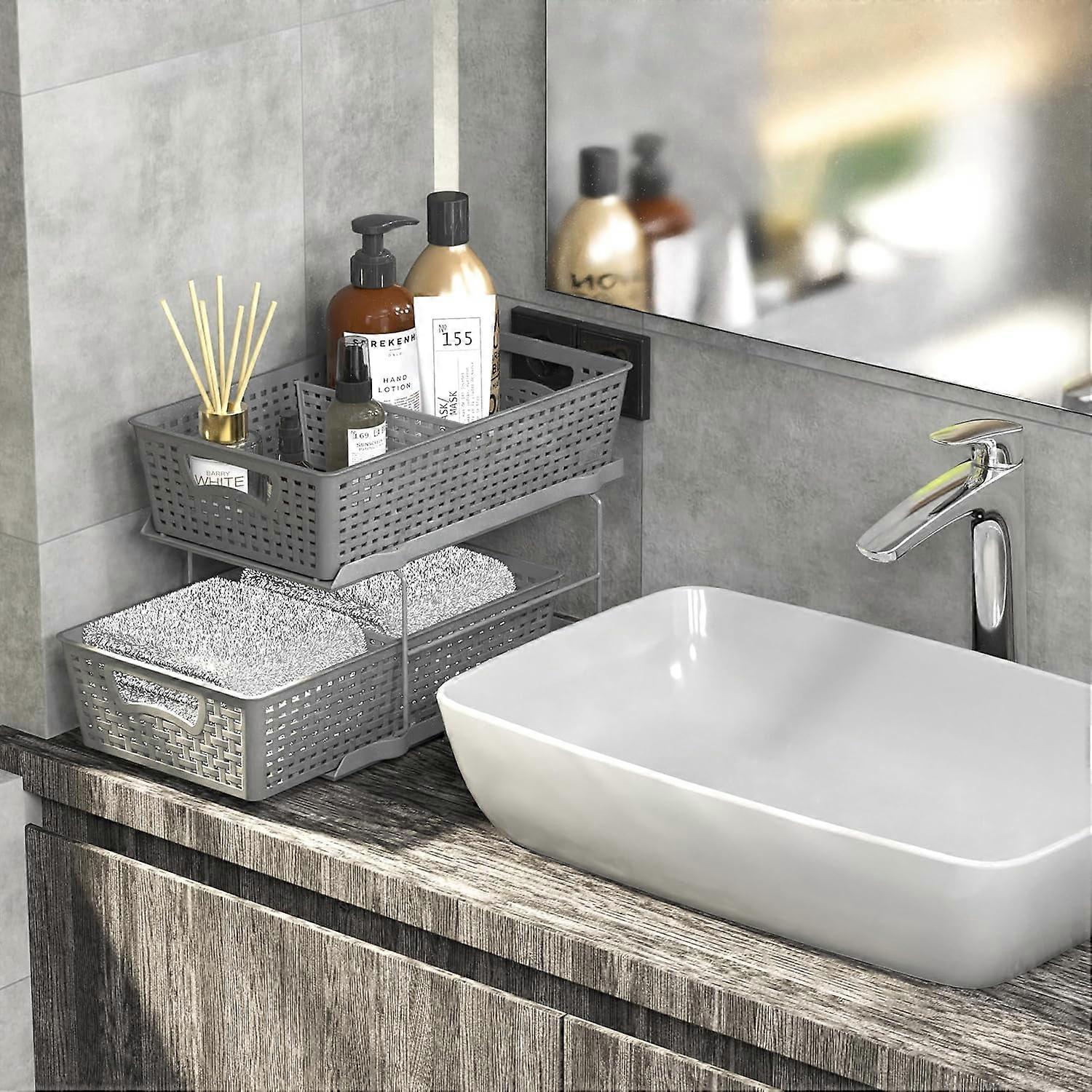 2 Tier Bathroom Organizer Tray Pull-Out Sliding Drawer, Grey