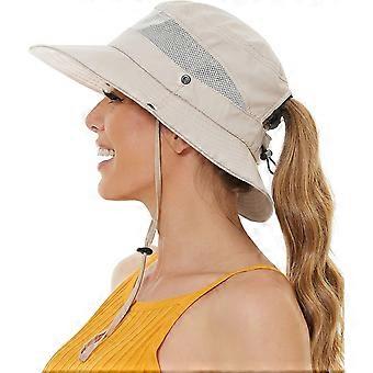 Chapéu de praia feminino estilo balde com abertura para rabo de cavalo, proteção solar UV UPF50+, impermeável, ideal para pesca, safári e caminhadas.