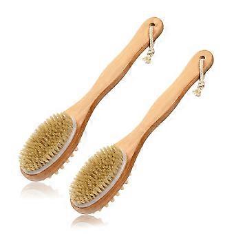 Bamboe badborstel met lange steel en dubbelzijdige borstelharen van everzwijn voor droge of natte exfoliatie en massage.
