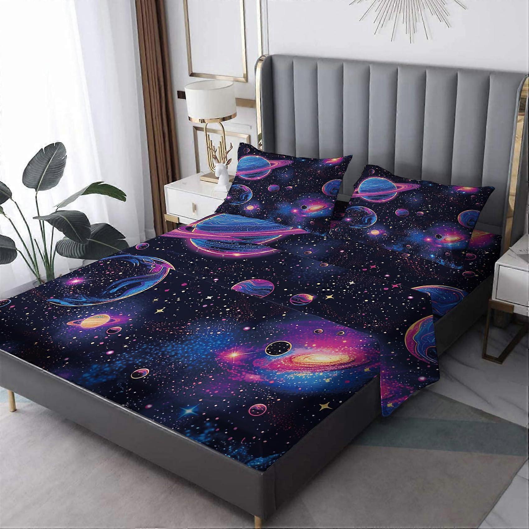 Queen Sheet Set Black Space Galaxy Bedding, Soft Microfiber Deep Pocket Sheets with Pillowcases