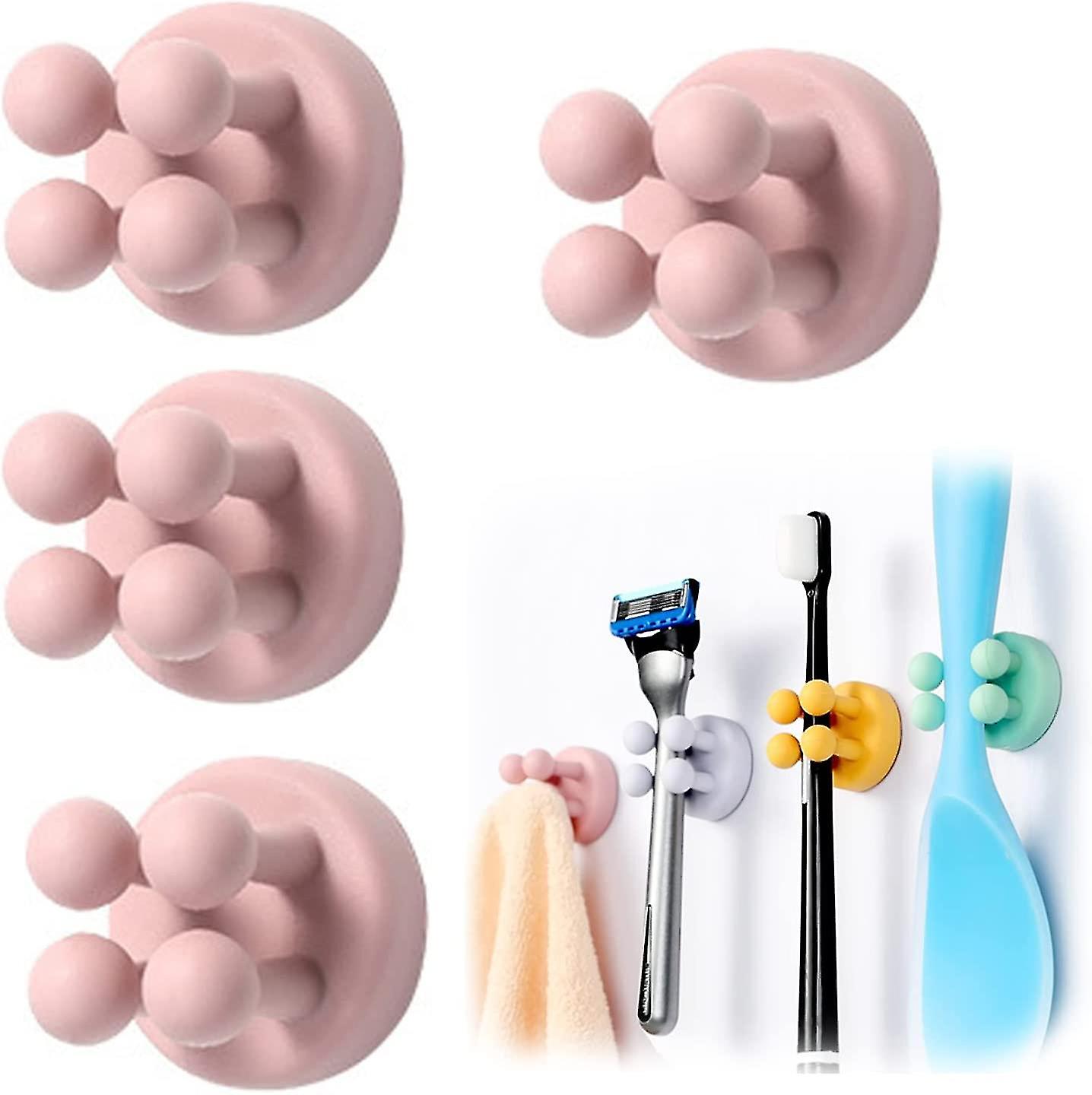 4 Pcs Silicone Multi-function Hook Waterproof Self Adhesive Single Toothbrush Hook (pink)
