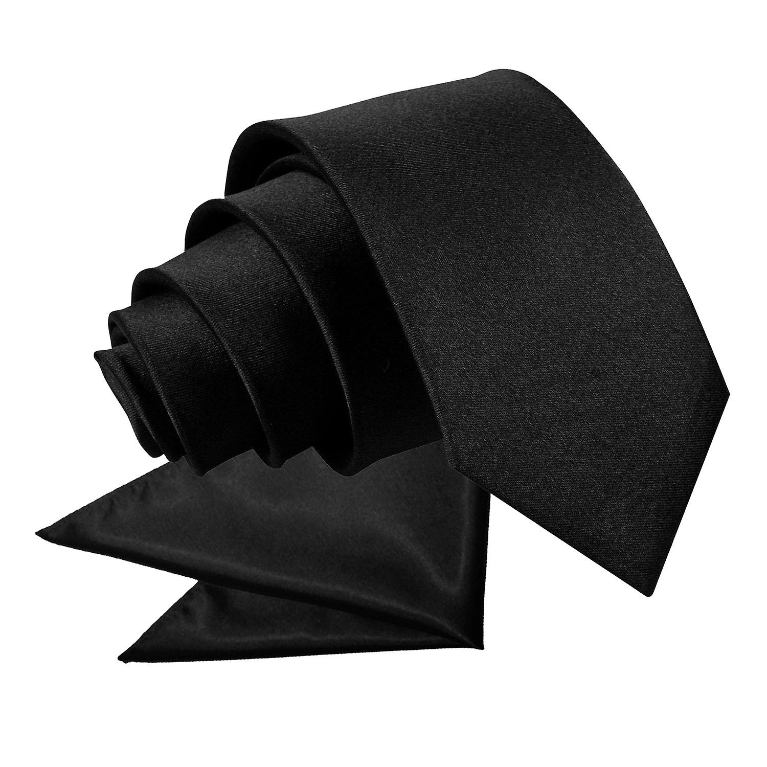 Black Plain Satin Tie and Pocket Square Set for Boys