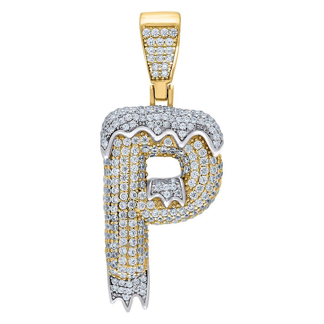 925 Sterling Silver Yellow tone Mens Women CZ Dripping Letter Name Personalized Monogram Initial P Charm Pendant 44x17.8