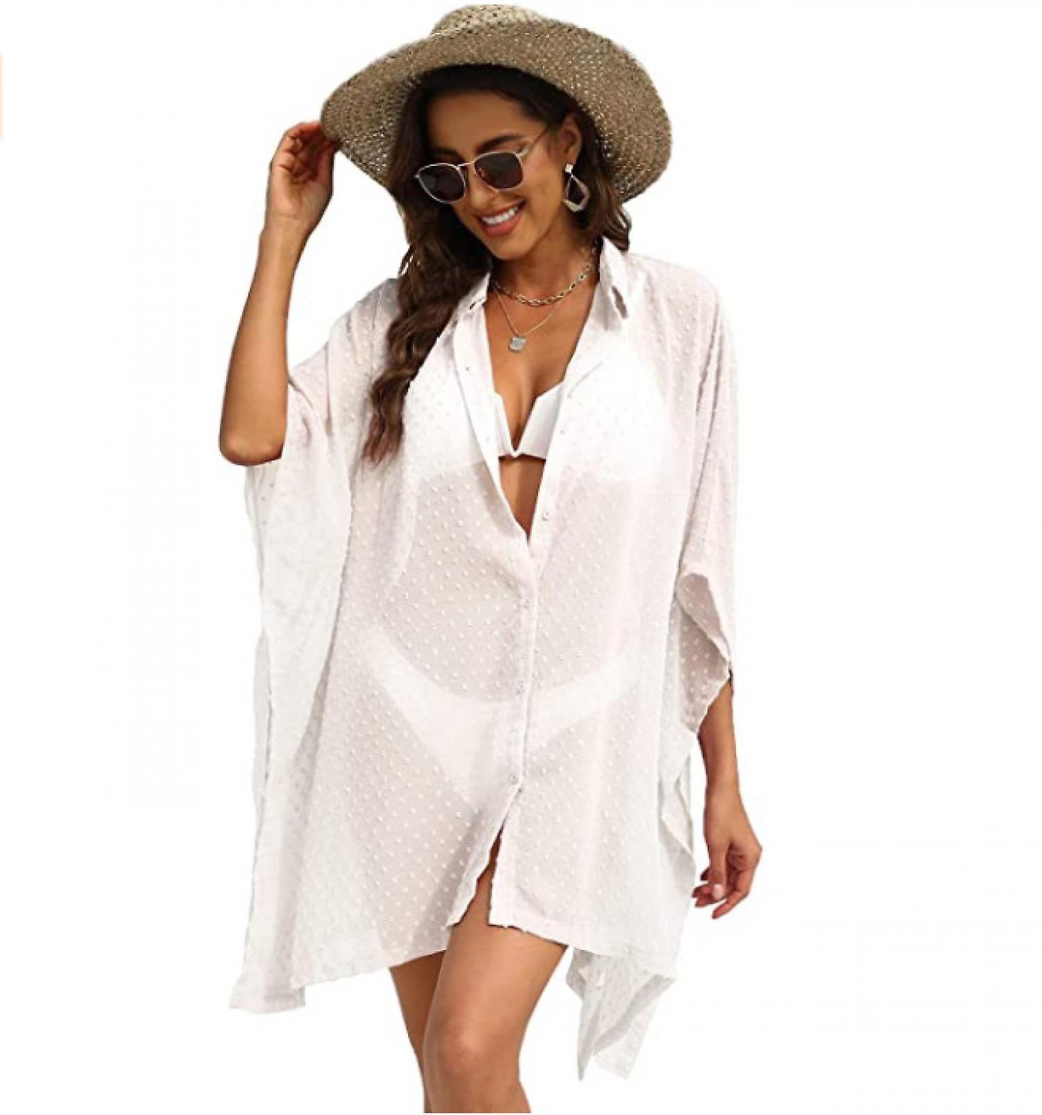 Damen Bademode Cover Up Button Chiffon Bademode Beach Cover Up --- WeißGröße 2XL