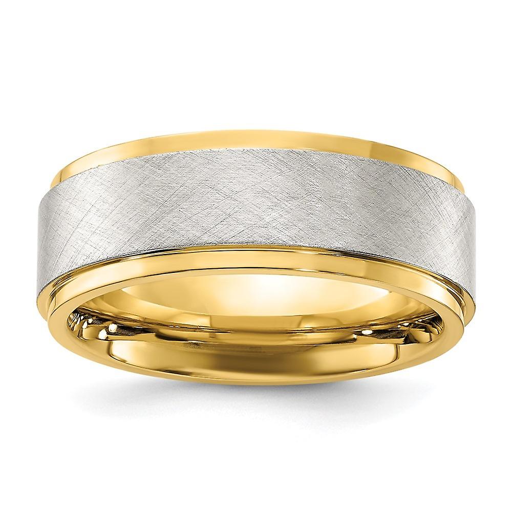Bague en acier inoxydable poli plaqué IP jaune avec centre brossé de 8 mm pour femmes et hommes - Tailles de bague : 7 à 13