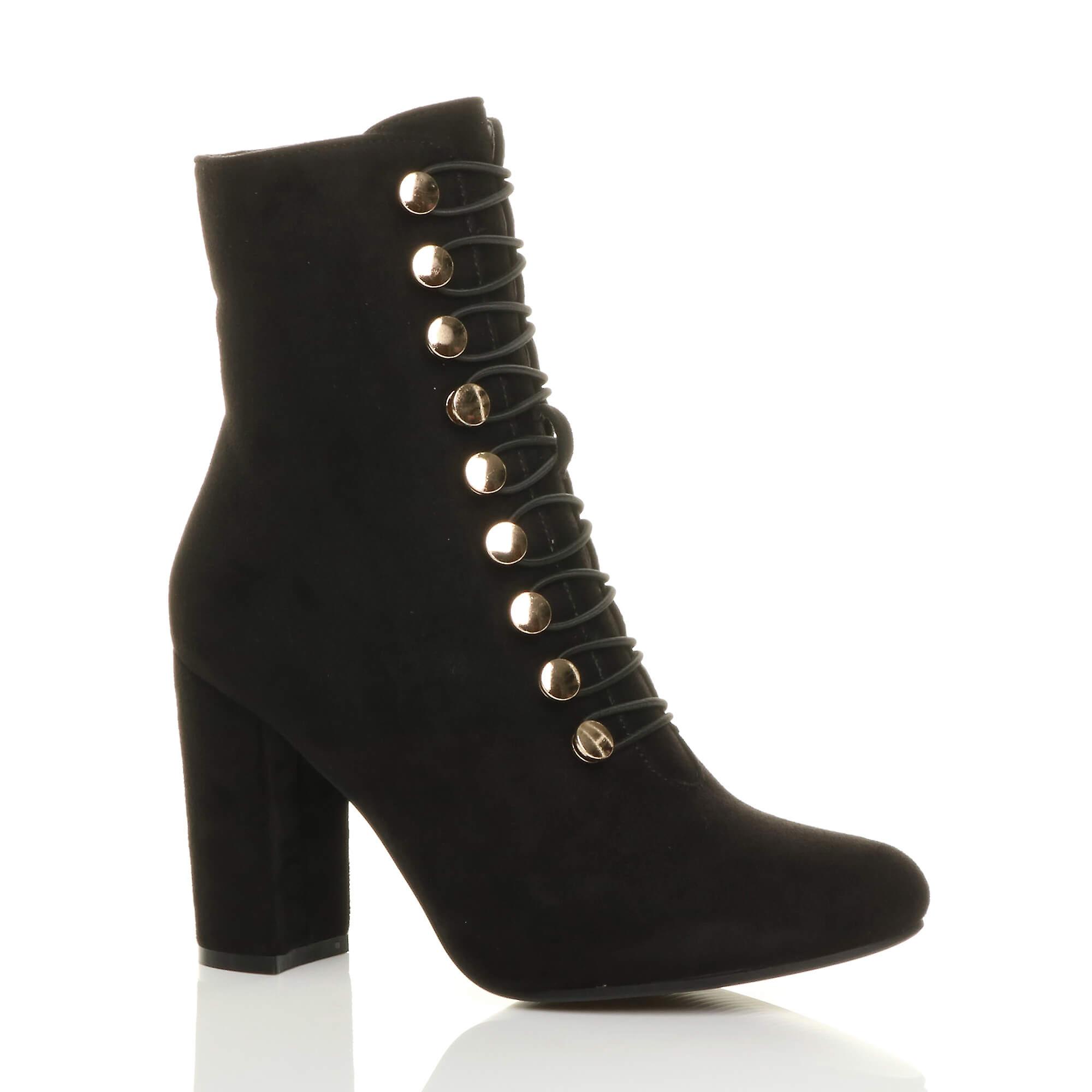 Ajvani womens high block heel elastic gold button zip military ankle boots