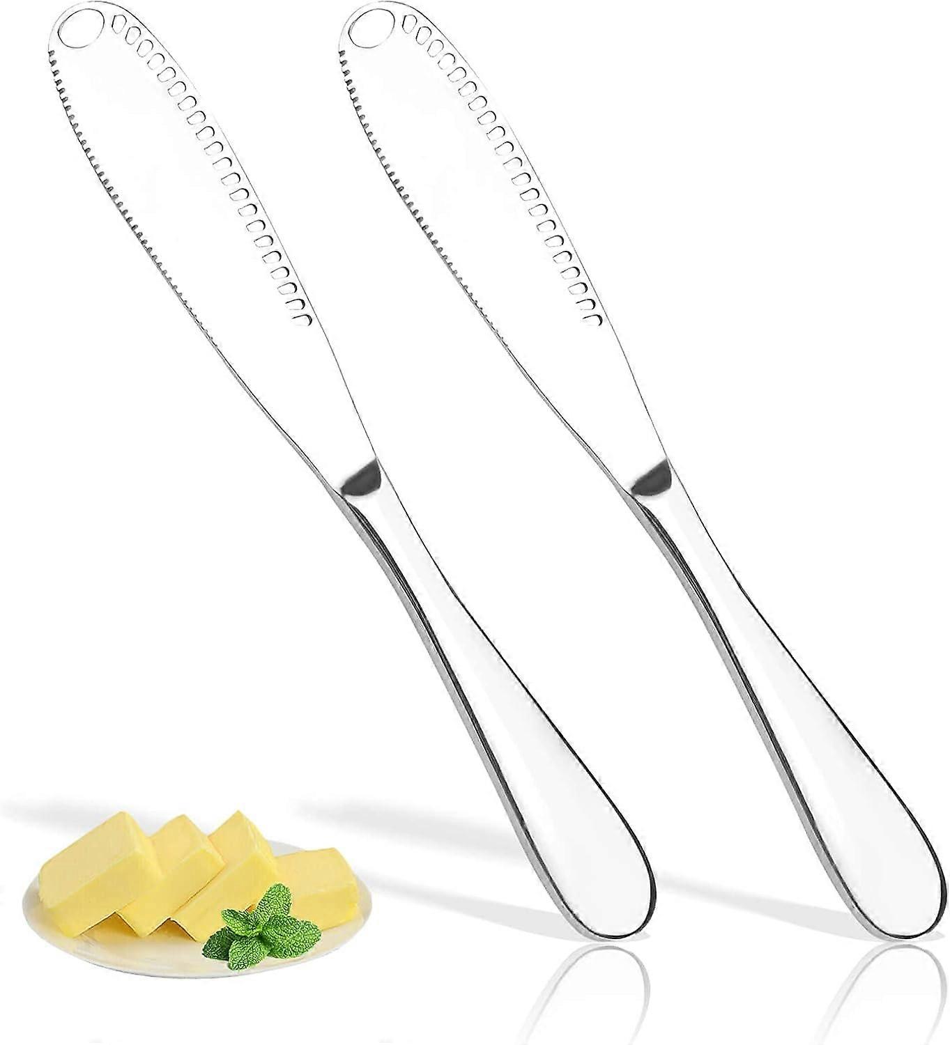 2 Pack Stainless Steel Butter Spreader Knife, 3 in 1 Multi-Function Butter Curler & Spreader with Serrated Edge for Butter Cheese Jams Jelly, Merry Ch