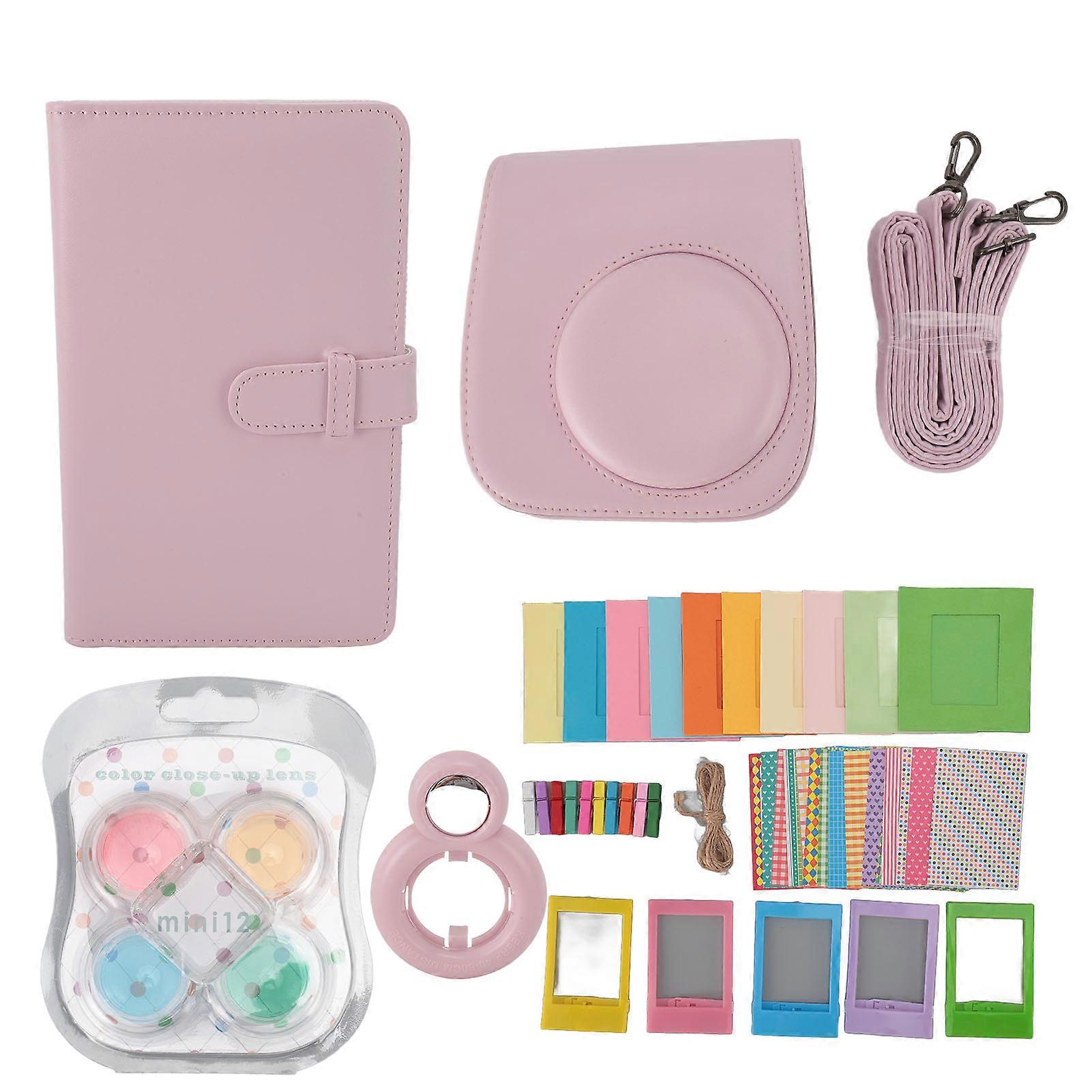 Instant Camera Protective Case With Photo Frames Album Shoulder Strap Selfie Mirror Filters Stickers Pu Leather Camera Bag For Instax Mini12
